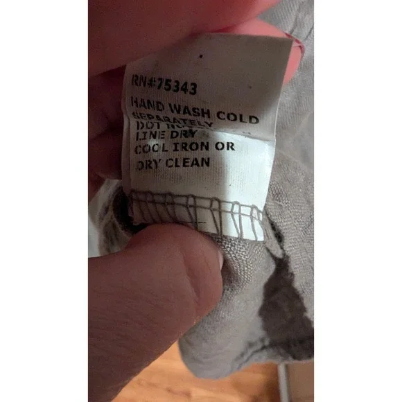 Lina Tomei Made in Italy Linen Dress Womens M Taupe Beaded Neck Shift Pockets - Picture 7 of 8